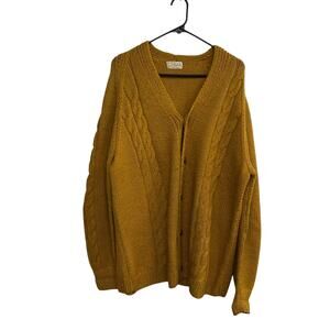 Vintage Handmade Mustard Yellow Cable Knit Button Front Cardigan Sweater L